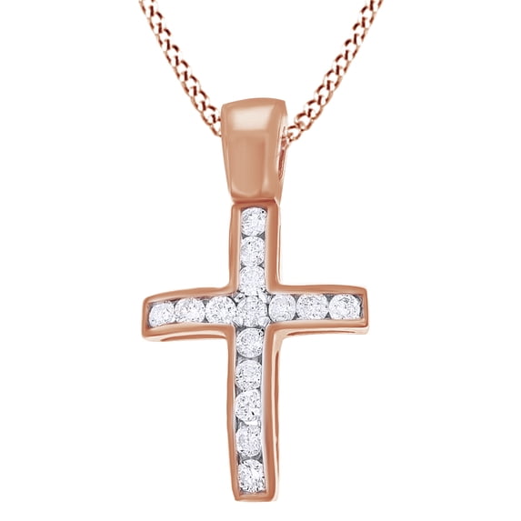 AFFY Round Cut Natural Diamond Channel Set Mini Cross Pendant Necklace In 14K Solid Rose Gold