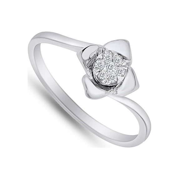 AFFY Round Cut Natural White Diamond Accent Flower Petal Promise Ring For Women In 14K White Gold Plated 925 Sterling Silver (0.05 Cttw, I2-I3 Clarity), Ring Size -8.5