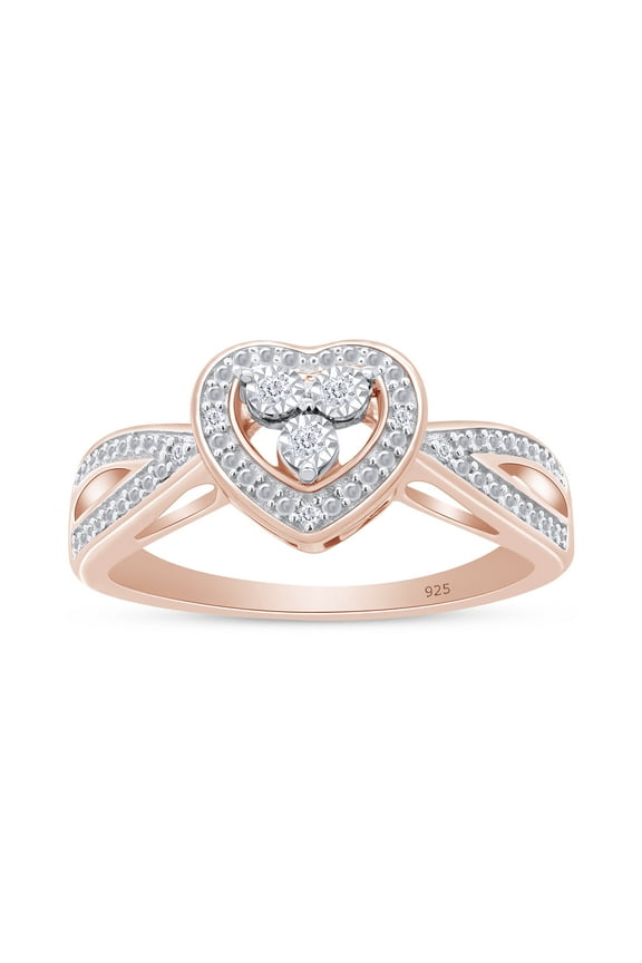 Round Cut Natural White Diamond Heart Frame Split Shank Engagement Ring In 14K Rose Gold Plated 925 Sterling Silver (Color: I-J, Clarity: I2-I3, 0.03 Cttw) -4.5