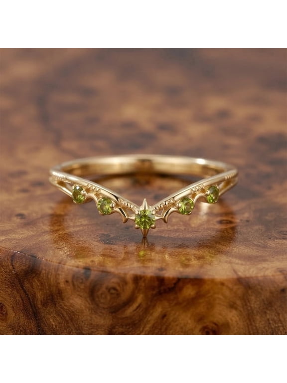 Round Cut Peridot V Shaped Curved Chevron Ring, 925 Sterling Silver Gold Plated Ethnic Ring, Vintage Inspired August Birthstone Jewelry, Gift for Her