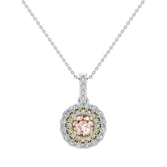 Round Cut Pink Morganite Double Halo 2 Tone Necklace 14K Gold 1.10 CTW (G,I1)