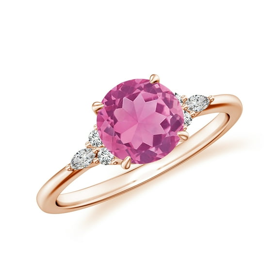 Round Cut Pink Tourmaline Side Stone Engagement Ring with Moissanite in Sterling Silver/ Rose Gold Plated Trilogy Promise Wedding Band Ring October Birthstone Jewelry, Ring Size 6