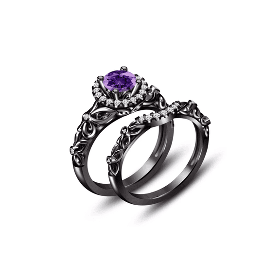 Round Cut Purple Amethyst Engagement Wedding Thanksgiving Christmas Bridal Ring Set in 14K Black Gold Finish - Anniversary Gift