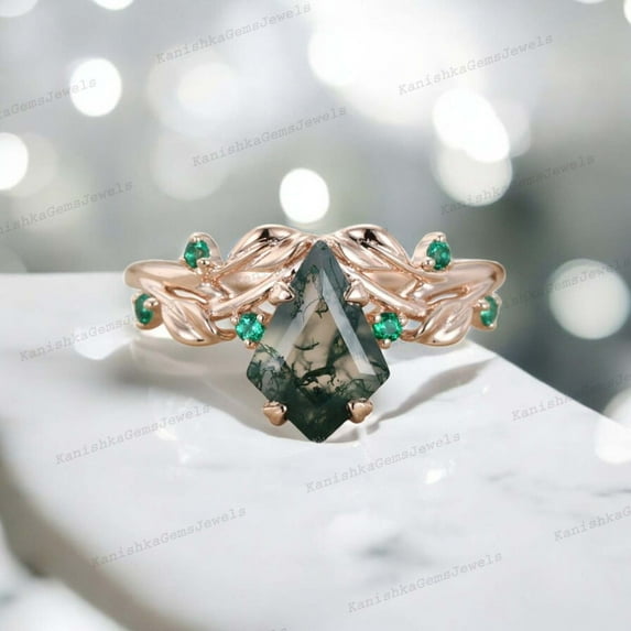 KANISHKAGEMS&JEWELS 9x7 mm / 2 Ct Vintage Moss Agate Proposal Ring Alternative Fine Women Jewelry Emerald Twig Leaf Branch Ring Valentine's Day Gift Ring
