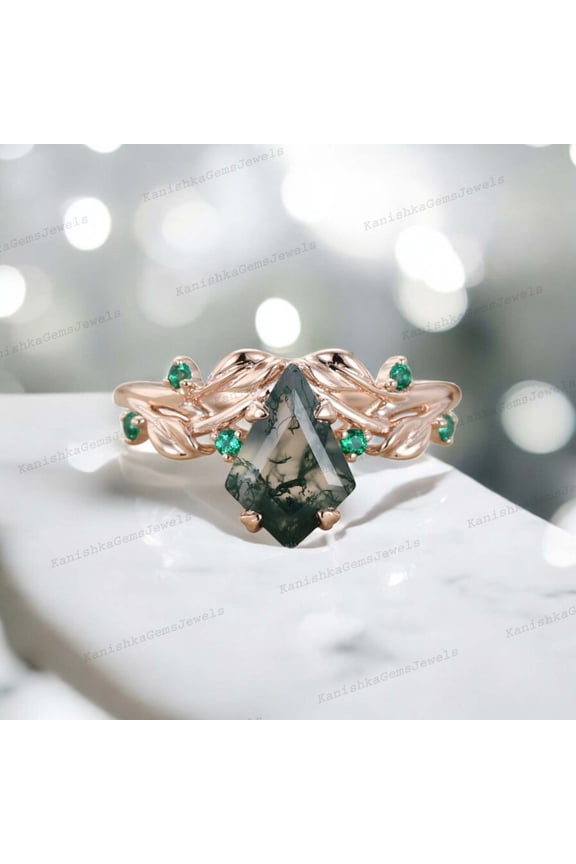 9x7 mm / 2 Ct Vintage Moss Agate Proposal Ring Alternative Fine Women Jewelry Emerald Twig Leaf Branch Ring Valentine's Day Gift Ring