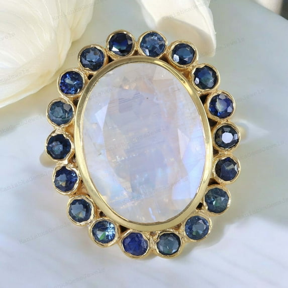 Round Cut Rainbow Moonstone and Ruby Engagement Ring 14K yellow Gold Promise Ring Delicate Art deco Women Ring Customized Jewelry