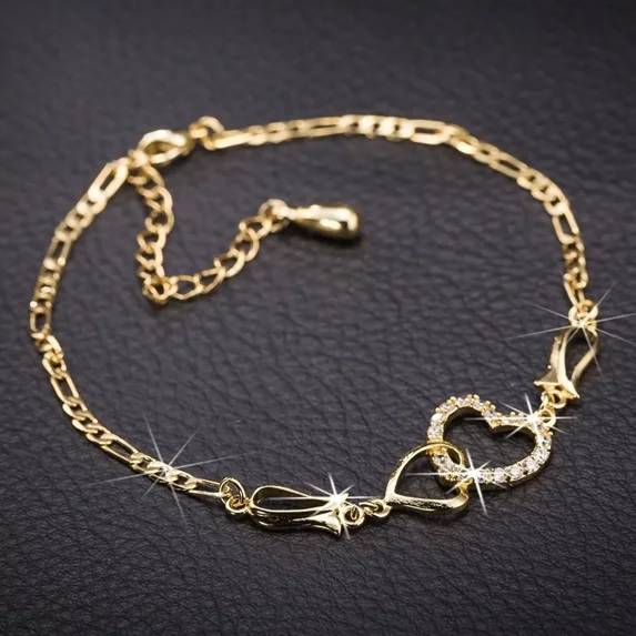 Round Cut Real Moissanite Diamond Link Chain Bracelet with Lobster Clasp, 14k Yellow Gold Plated Heart Shape Design - Perfect Gift for Her