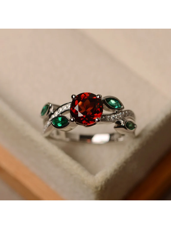 Round Cut Red Garnet & Emerlad Wedding Ring in 925 Sterling Silver - Leaf style Proposal Engagement Band For Wife