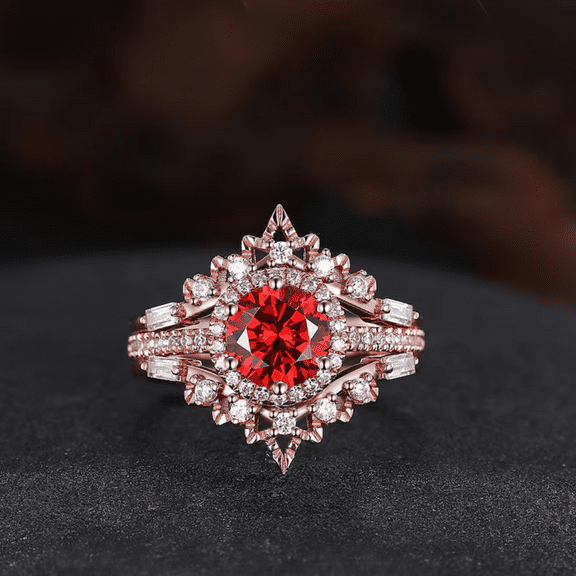 Round Cut Red Ruby & Diamond Ring Set in 14k Rose Gold Vermeil - July Birthstone - Anniversary Gift For Wife