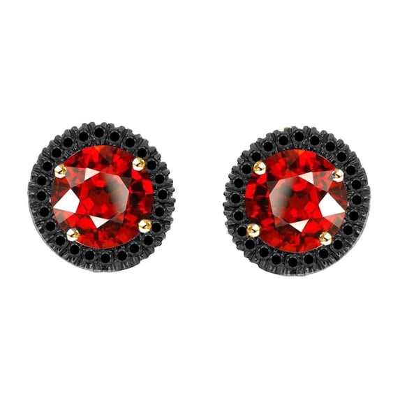 AFFY Round Cut Red & Black Natural Diamond Halo Stud Earrings In 10K Solid Yellow Gold (0.50 Ct)
