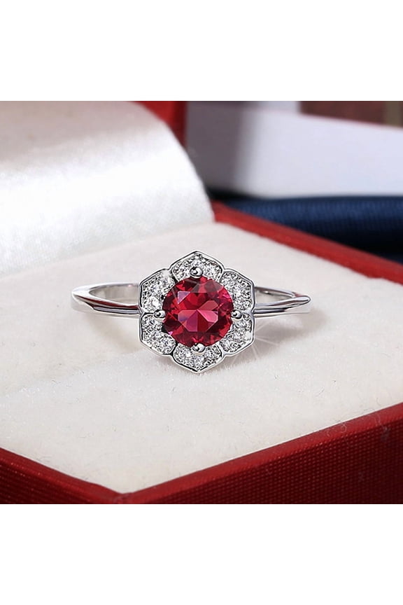 Round Cut Ruby Diamond Lotus Flower Ring 925 Sterling Silver Red Gemstone Ring with AAA Cubic Zirconia Yoga High Polish Wedding Band Ring Jewelry for Women