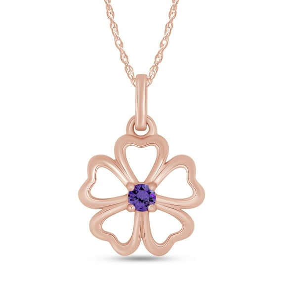 Round Cut Simulated Alexandrite Five Leaf Clover Flower Heart Pendant Necklace for Women in 14k Rose Gold Over Sterling Silver with 18" Chain