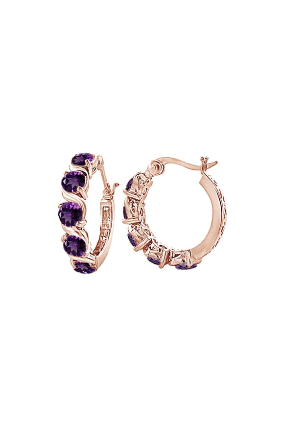 Round Cut Simulated Amethyst CZ Snap Closure Hoop Earrings In 14K Gold Over Sterling Silver