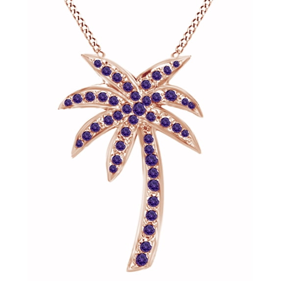 AFFY Round Cut Simulated Amethyst Palm Tree Pendant Necklace In 14K Rose Gold