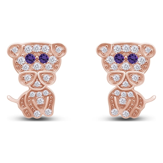 AFFY Round Cut Simulated Amethyst & White Cubic Zirconia Cute Tiny Dog Animal Stud Earrings In 14k Rose Gold Over Sterling Silver