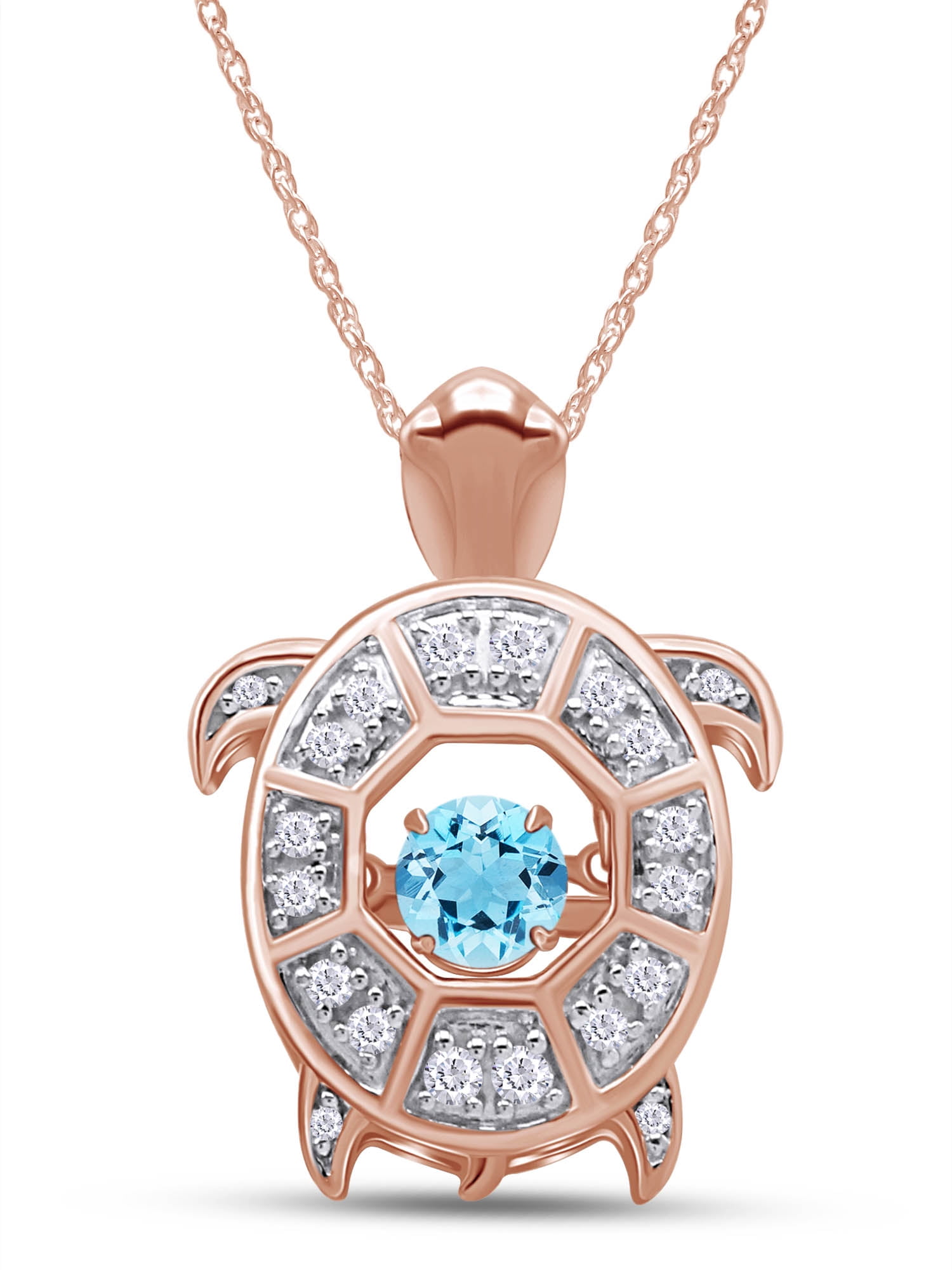 Round Cut Simulated Aquamarine With CZ Turtle Floater Pendant Necklace In 14K Rose Gold Plated 925 Sterling Silver