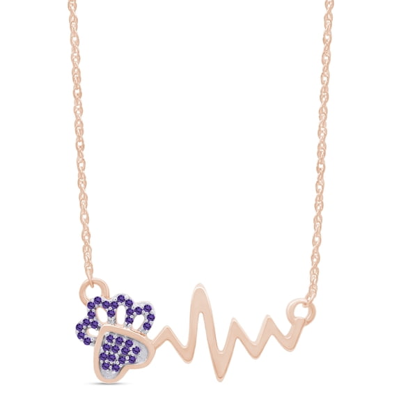 AFFY Round Cut Simulated Birthstone Paw & Heartbeat Pendant Necklace In 14K Rose Gold Over Sterling Silver By