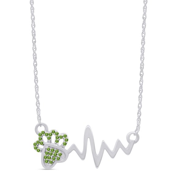 AFFY Round Cut Simulated Birthstone Paw & Heartbeat Pendant Necklace In 14K White Gold Over Sterling Silver By