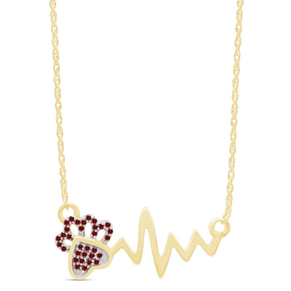 AFFY Round Cut Simulated Birthstone Paw & Heartbeat Pendant Necklace In 14K Yellow Gold Over Sterling Silver By