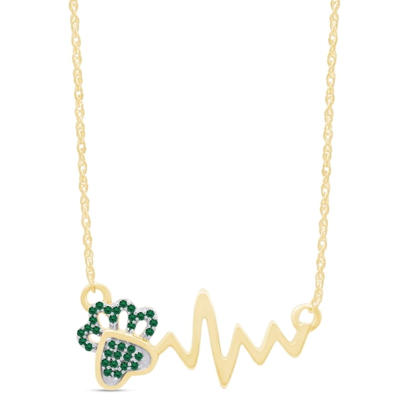 AFFY Round Cut Simulated Birthstone Paw & Heartbeat Pendant Necklace In 14K Yellow Gold Over Sterling Silver By