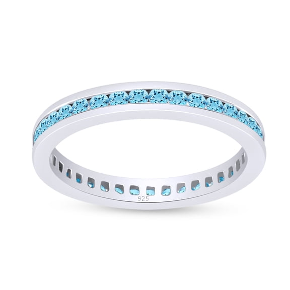 Round Cut Simulated Blue Aquamarine Stackable Eternity Band Ring In 14K White Gold Plated 925 Sterling Silver (Color: Blue, Clarity: VVS1-VVS2) -4