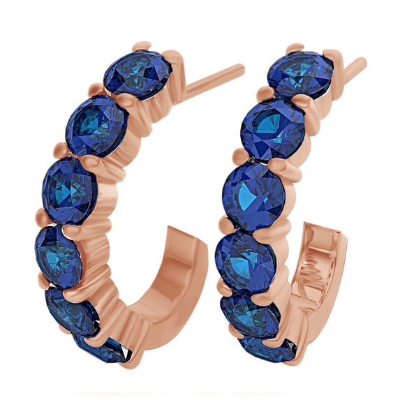 AFFY Round Cut Simulated Blue Sapphire J Hoop Earrings In 18K Yellow Gold