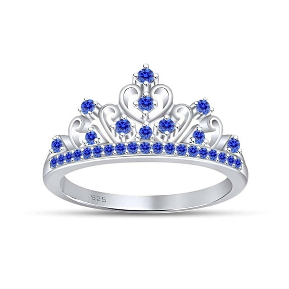 AFFY Round Cut Simulated Blue Sapphire Princess Crown Ring In 14k White Gold Over Sterling Silver Ring Size-10.5