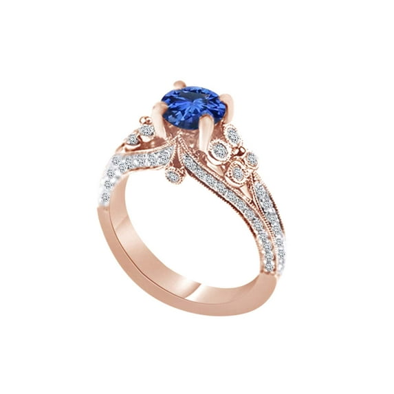 AFFY Round Cut Simulated Blue Sapphire & White CZ Engagement Ring In 14k Rose Gold Over Sterling Silver Ring Size-8