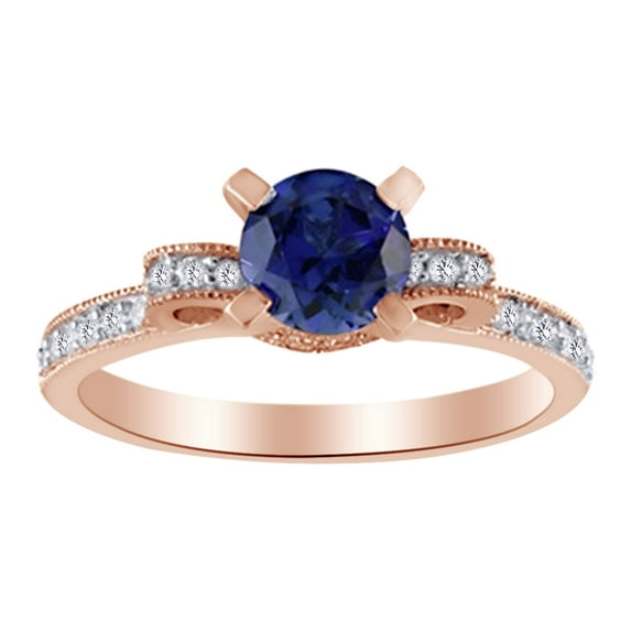 AFFY Round Cut Simulated Blue Sapphire, White Natural Accent Diamond Solitaire Ring In 10K Rose Gold, Ring Size-8