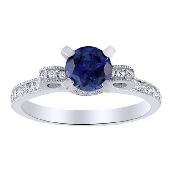 AFFY Round Cut Simulated Blue Sapphire, White Natural Accent Diamond Solitaire Ring In 10K White Gold, Ring Size-11.5