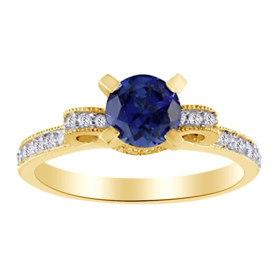 AFFY Round Cut Simulated Blue Sapphire, White Natural Accent Diamond Solitaire Ring In 10K Yellow Gold, Ring Size-11