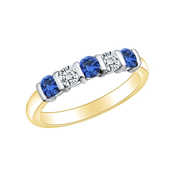 AFFY Round Cut Simulated Blue Sapphire & White Natural Diamond Wedding Band Ring In 14k Solid Yellow Gold Ring Size-7