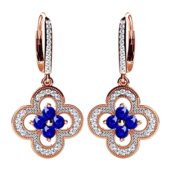 AFFY Round Cut Simulated Blue Sapphire With Natural Diamond Clover Dangle Earrings In 14K Solid Rose Gold