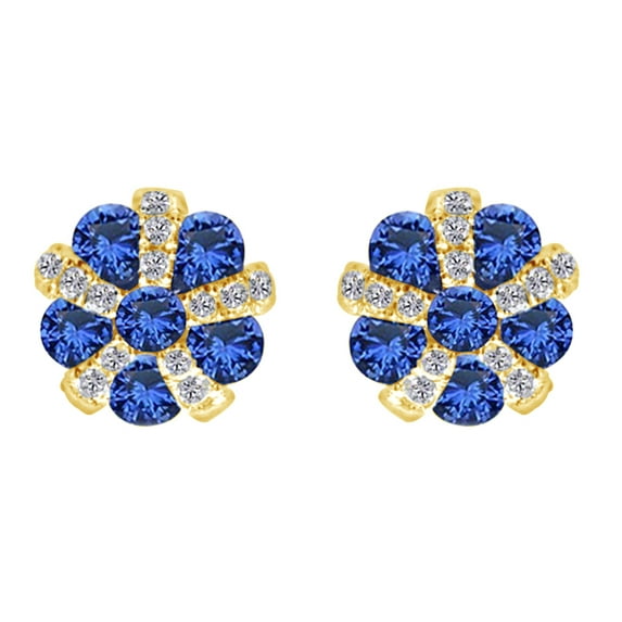 AFFY Round Cut Simulated Blue Sapphire With Natural Diamond Cluster Stud Earrings In 14K Solid Yellow Gold