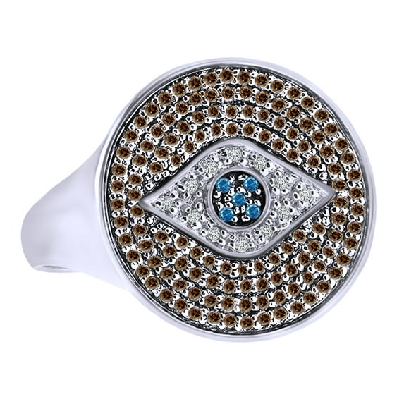 AFFY Round Cut Simulated Blue Sapphire With Natural Diamond Evil Eye Circle Ring In 14K Solid White Gold By