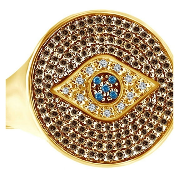 AFFY Round Cut Simulated Blue Sapphire With Natural Diamond Evil Eye Circle Ring In 14K Solid Yellow Gold