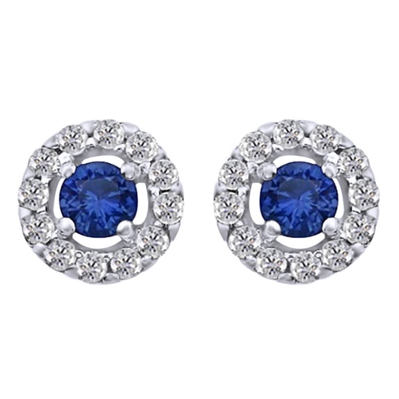 AFFY Round Cut Simulated Blue Sapphire With Natural Diamond Halo Stud Earrings In 14K Solid White Gold