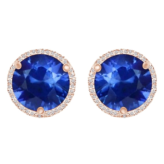 AFFY Round Cut Simulated Blue Sapphire With Natural Diamond Halo Stud Earrings In 18K Solid Rose Gold