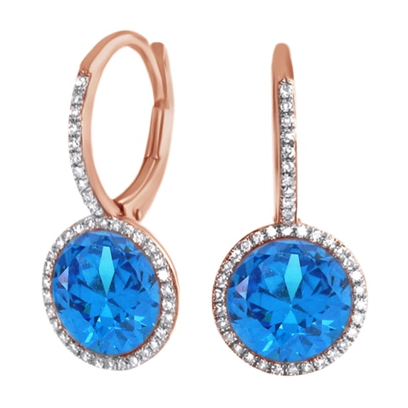 AFFY Round Cut Simulated Blue Topaz With Natural Diamond Halo Dangle Earrings In14K Solid Rose Gold