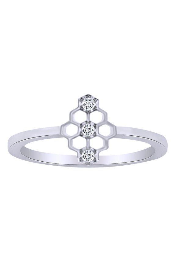 Round Cut Simulated CZ Mini Honeycomb Style Ring In 14K White Gold Over Sterling Silver