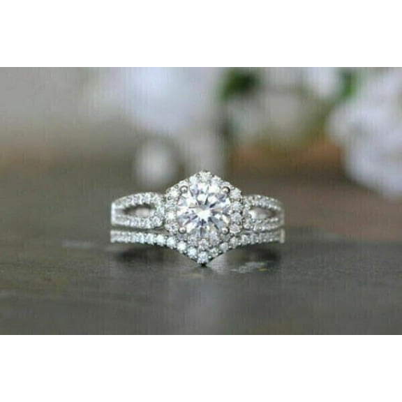 Round Cut Simulated Diamond Bridal Set Wedding Band Ring 14k White Gold Plated Pure 925 Sterling Silver