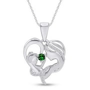 JEWEL ZONE US Round Cut Simulated Emerald & White Cubic Zirconia Mom With Child Heart Pendant Necklace In 14k White Gold Over Sterling Silver