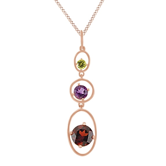 AFFY Round Cut Simulated Garnet, Amethyst With Peridot Drop Pendant Necklace In 14K Solid Rose Gold By Jewel Zone