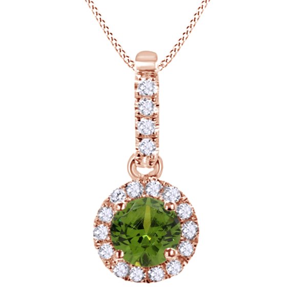 AFFY Round Cut Simulated Green Peridot With Cubic Zirconia Halo Pendant Necklace In 14K Solid Rose Gold By Jewel Zone