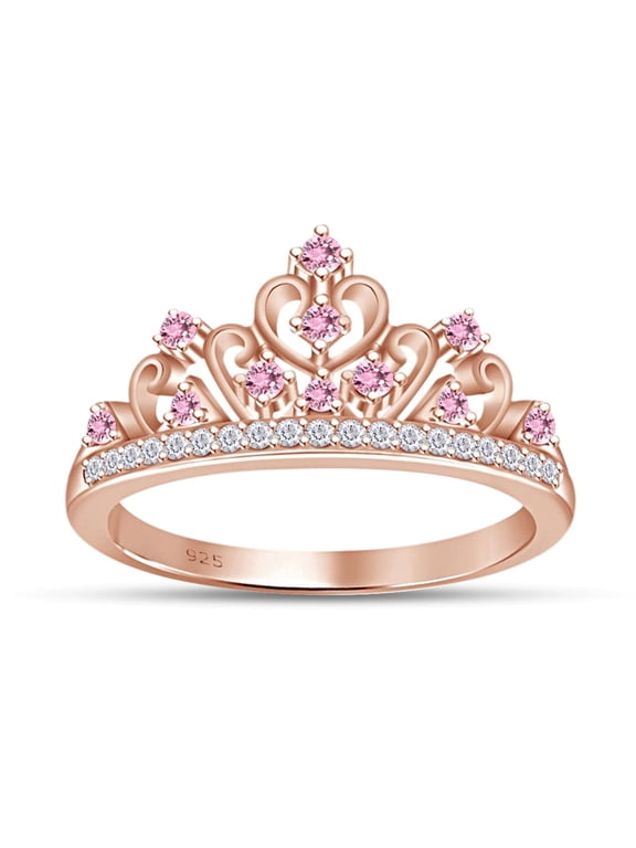 Simulated Multi Stone Aurora Princess Style Engagement Crown Ring In 14k Rose Gold Over Silver-6.5