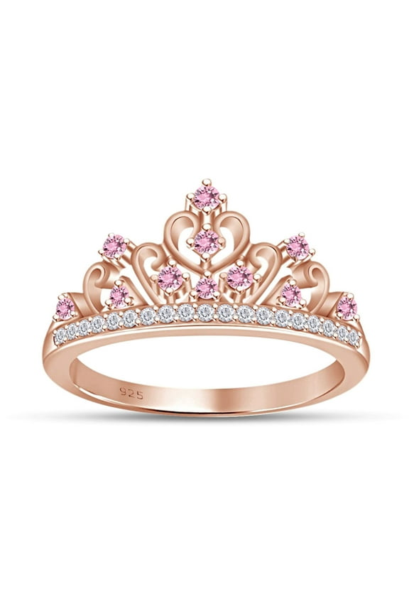 Simulated Multi Stone Aurora Princess Style Engagement Crown Ring In 14k Rose Gold Over Silver-7