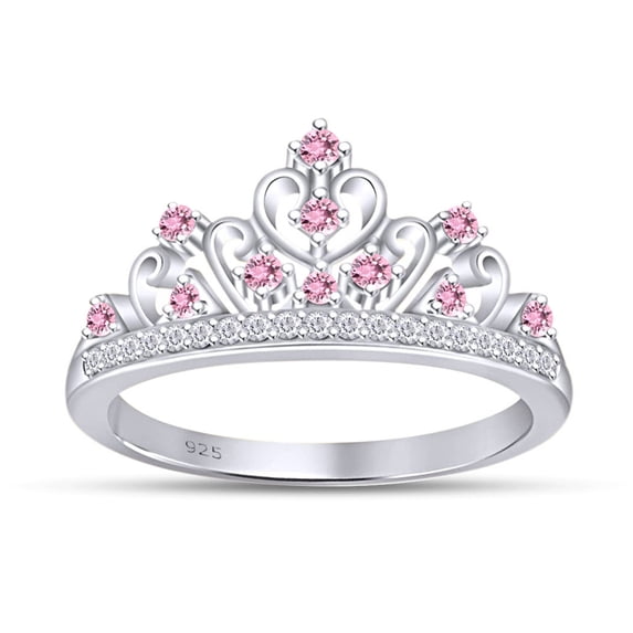 AFFY Simulated Multi Stone Aurora Princess Style Engagement Crown Ring In 14k White Gold Over Silver-5