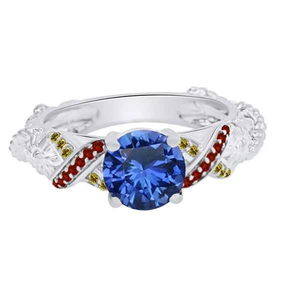 AFFY Round Cut Simulated Multi Stone Belle Princess Style Engagement Wedding Ring In 14k White Gold Over Sterling Silver With Ring Size 12