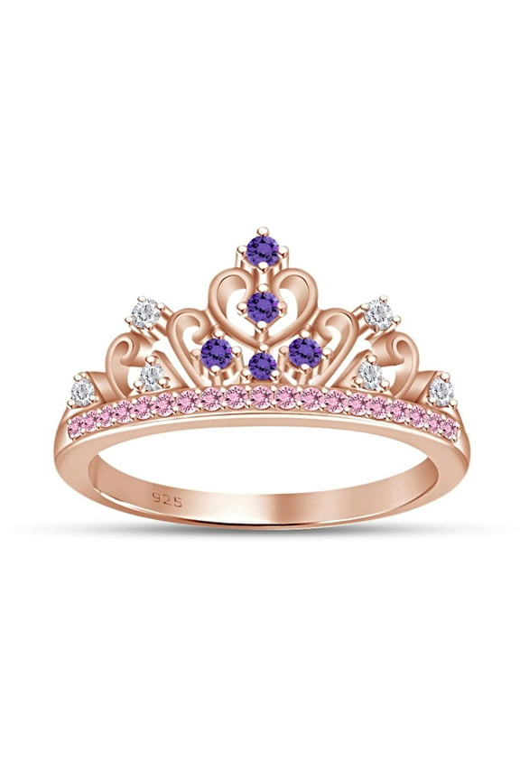 Simulated Multi Stone Rapunzel Princess Style Engagement Crown Ring In 14k Rose Gold Over Silver-9.5