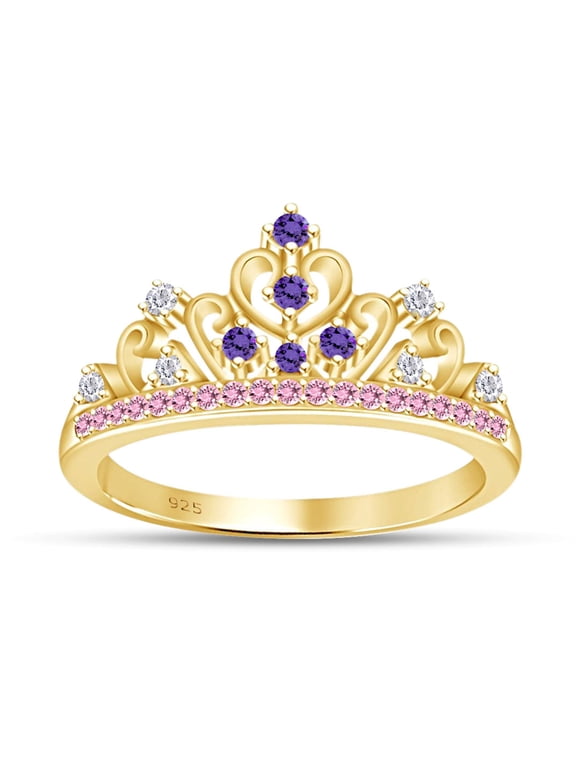 Simulated Multi Stone Rapunzel Princess Style Engagement Crown Ring In 14k Yellow Gold Over Silver-4